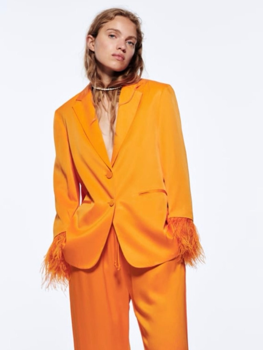 Zara‎ Bright Orange Satin Blazer with Feather Cuffs